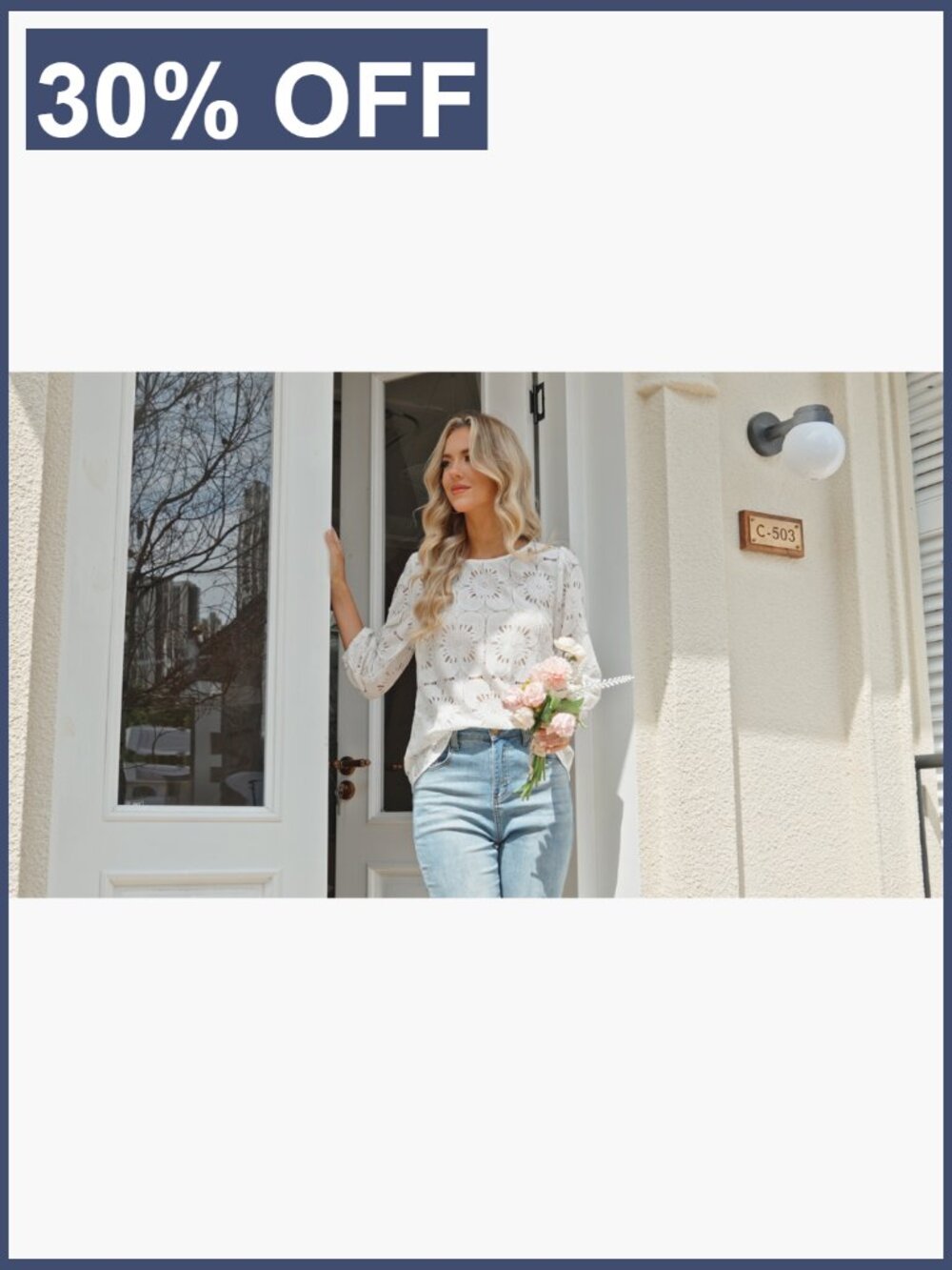 Women's 3/4 Sleeve Eyelet Lace Peasant Blouse Dressy Casual Top - Picture 6 of 7